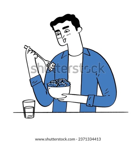 Man eating vegetarian food from a large bowl. Hand drawn vector illustration line art doodle style. 