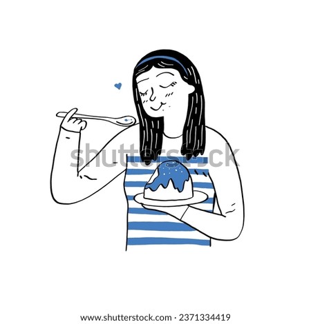 Woman eating sweets from a large bowl. Hand drawn vector illustration line art doodle style. 