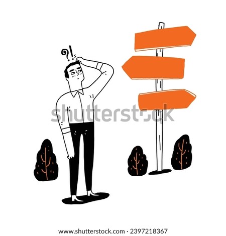 Businessman looking at road signs, Hand drawing vector illustration line art doodle style.