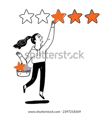 Girl is adding stars to rate for social media. Hand drawing vector illustration line art doodle style.