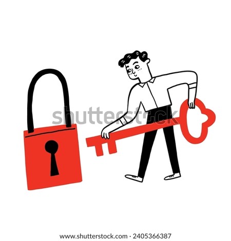 Hand drawn business man holding golden key to unlock the lock, business solution, key to success concept, Hand drawn vector illustration doodle style.