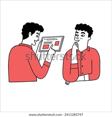 Young man is thinking and touching on tablet screen. Hand drawn vector illustration line art doodle style.