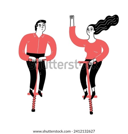 Full length portrait of a couple  bouncing on a pogo stick on white background. Hand drawn vector illustration doodle style.