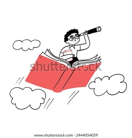 Happy cute child flying on the book on white background. Back to school concept, education, reading. The development of the imagination.