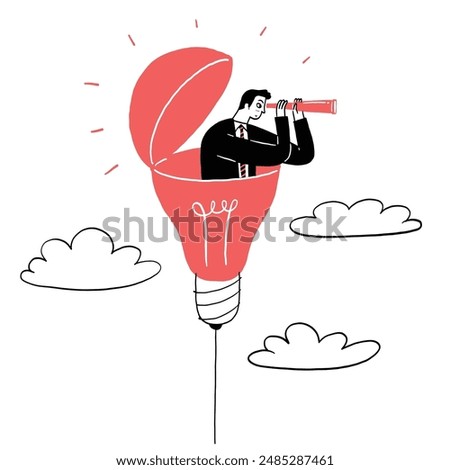 The image shows a man standing inside a light bulb. He is looking through a telescope. There are clouds around him. The man is wearing a suit. Hand draw illustration vector doodle style. 