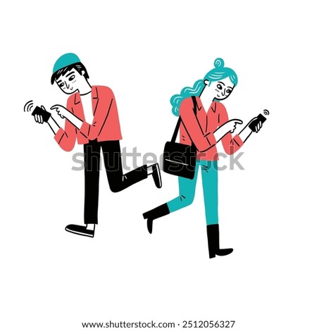 Two people walk while texting on smartphones. They're dressed casually and focused on their screens, illustrating modern digital communication.