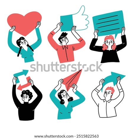 Icons depicting social media and communication concepts, Hand drawing vector illustration.