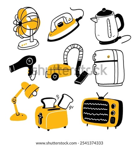 Hand drawn doodle vector illustrations of Electronic household appliances, Set of house set refrigerator or washing machine in electric shop and vacuum cleaner in appliance store.