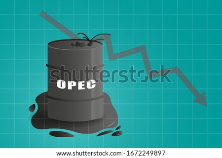 Overflowing Oil Barrels with Word OPEC and Down Arrow, Price Fall Concept Background.