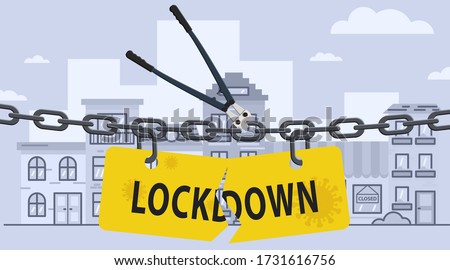 Bolt cutter cutting lockdown chain barrier over city. Stock vector illustration of open lockdown.