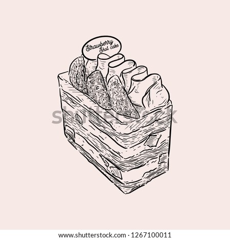 Piece of a strawberry shortcake topped with a fresh strawberry, hand draw sketch vector