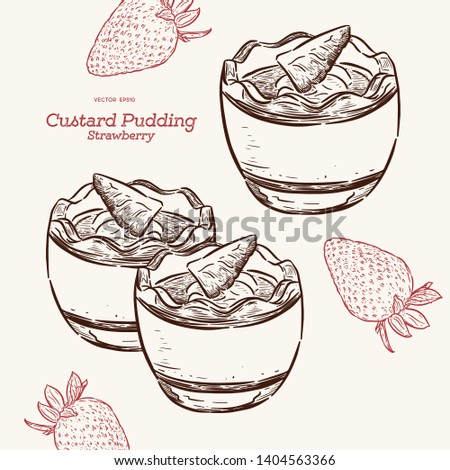 Custard pudding with strawberry in glass. Hand draw sketch vector. Dessert