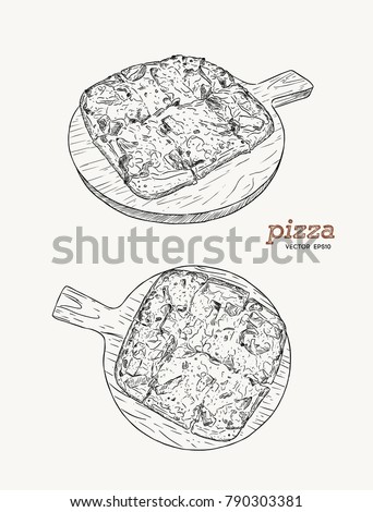 Pizza on the wooden board hand draw sketch vector. ham , bacon and cheese.