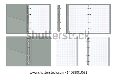 A set of realistic notebooks with paper binding rings. Block white sheets in a cage. 3D mockup for business. Isolated on white background. Vector illustration.