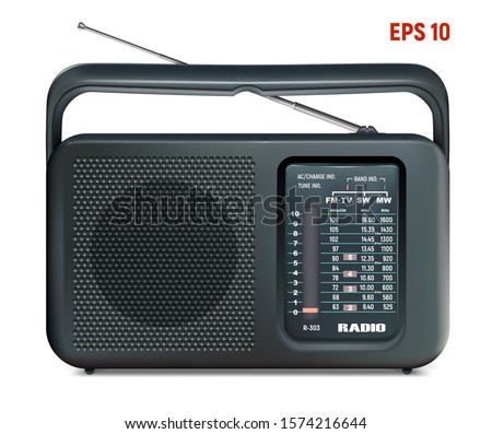 Old radio, portable receiver of black color retro. With metal antenna. Realistic image. Design for World Radio Day.Isolated on a white background. Vector illustration.