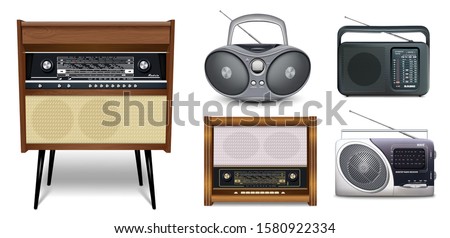 Realistic set of radios. Retro radio music receiver - Rigada, Boombox, portable receivers. Five icons for design, for World Radio Day. Isolated ea white background. Vector illustration.