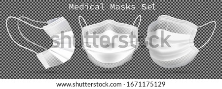 Set of medical masks - template. From different angles To protect coronavirus, infection and contaminated air. 3D realistic illustration. Isolated on transparent background. Vector.