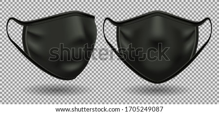 Set black medical mask with a symbol of coronavirus covid-19.  To protect against infection and polluted air. 3D realistic illustration. Isolated on transparent background, vector.