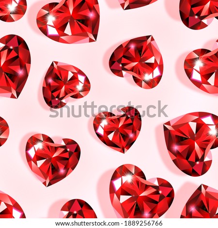 Heart shaped seamless pattern with red rubies. Background for Valentine's Day, Birthday, Women's day, Anniversary. Pink background. For valentines, banner, greeting cards. 3D Realistic style. Vector.