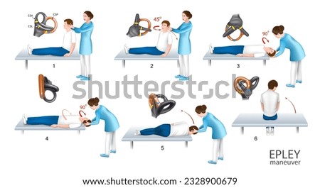 Epley maneuver is a methodological guide for students with the help of a doctor step by step instructions. Treatment of benign positional paroxysmal vertigo. Vector.