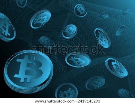 Banner Bitcoin coins falling, flying. cryptocurrency on a black background with neon backlight vector illustration