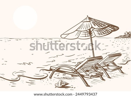 Beach seascape. Sun umbrella with sun loungers, sandy beach and seashell hand drawn sketch vector