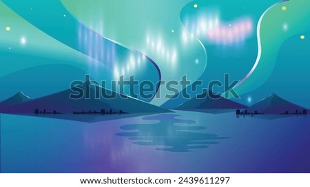 Beautiful Aurora borealis Night  landscape with northern lights Vector.