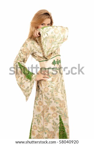 Arab young woman hidden face isolated on white background.