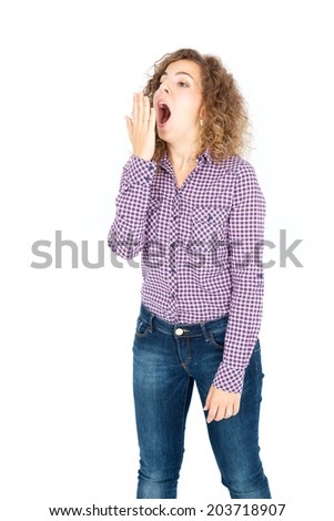 Beautiful Hispanic woman doing different expressions in different sets of clothes: yawning