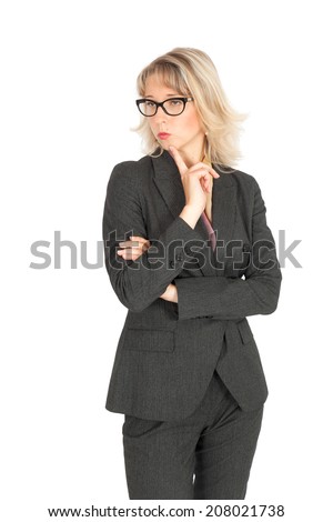 Beautiful businesswoman doing different expressions in different sets of clothes: thinking
