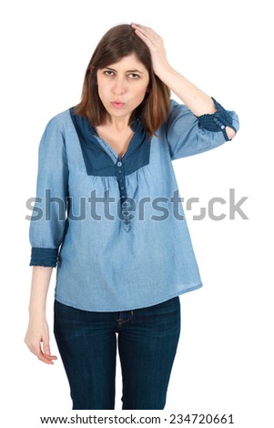 Beautiful woman doing different expressions in different sets of clothes: headache