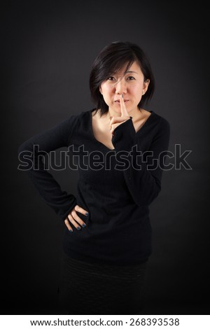 Beautiful woman doing different expressions in different sets of clothes: be quiet