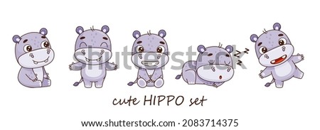 Set of cute hippos in cartoon style sit, laughs, sleep, go, dancing, hugs. Isolated on white. Vector illustration