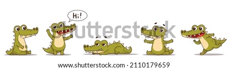 Cool set of crocodiles. Standing, sitting, lying, running, waving. Set for design in cartoon style. Vector illustration for designs, prints and patterns. Vector illustration