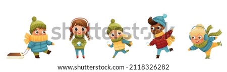 Children are engaged in winter activities on the street on a white background. Sledding, skating, playing snowballs, walking. Vector illustration for designs, prints and patterns. Vector illustration