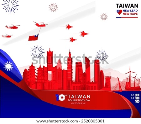 Taiwan National Day banner in modern landscape style. Wide banner greeting card with country flag. Double Tenth Day October 10th as Taiwan national holiday. Happy National Day of the Republic of China