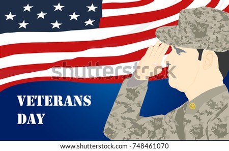 US Army soldier saluting on the veterans day celebration with flag of united state of america background, American traditional patriotic celebration.