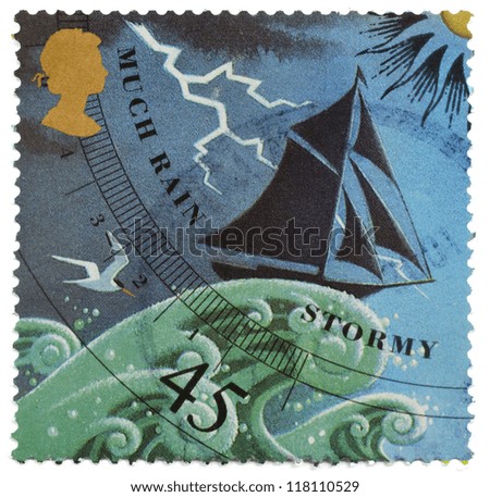 UNITED KINGDOM - CIRCA 2001: a stamp from the United Kingdom shows image of a barometer forecasting rain/stormy weather, circa 2001