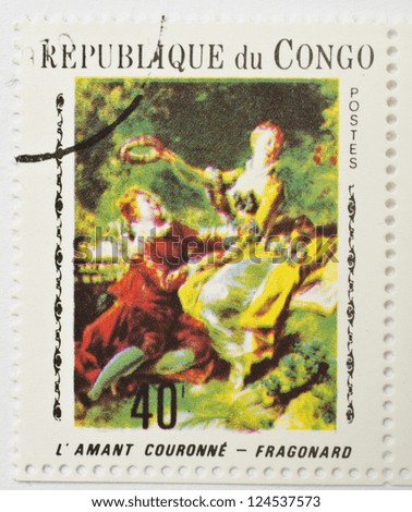 REPUBLIC OF CONGO - DATE UNKNOWN: a stamp from the Republic of Congo shows image of the painting The Lover Crowned by Fragonard, date unknown