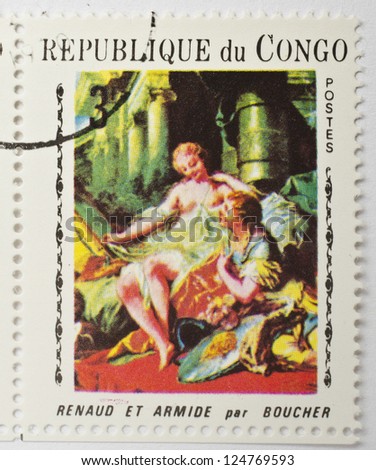 REPUBLIC OF CONGO - CIRCA 1969: a stamp from the Republic of Congo shows a painting of Rinaldo and Armida by Boucher, circa 1969