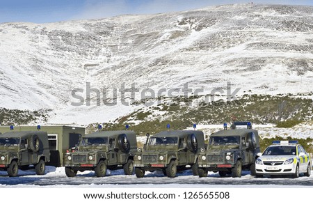 CASTLELAW, SCOTLAND - JANUARY 26: military vehicles at the Ministry of Defence training area on January 26, 2013 in Castlelaw, Scotland. The training area spans 1,900 acres and is closed to the public