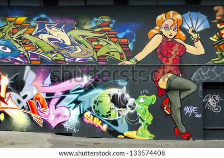 BRISTOL, ENGLAND - MARCH 1: graffiti art in on March 1, 2013 in central Bristol, England. Bristol has recently hosted \