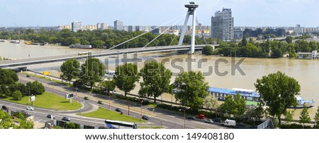 BRATISLAVA, SLOVAKIA - JUNE 7: New Bridge on June 7, 2013 in Bratislava, Slovakia. New Bridge is the world\'s longest cable-stayed bridge to have one pylon and one cable-stayed plane.
