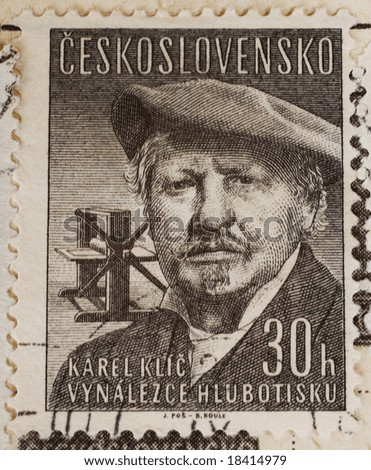 Vintage Czechoslovakian postage stamp with Czech painter, photographer and illustrator Karel Klic