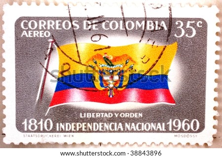 COLOMBIA - CIRCA 1960: A stamp printed in Colombia shows image of the Colombian flag, series, circa 1960