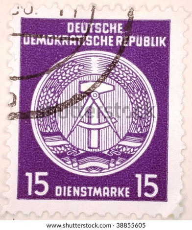 EAST GERMANY - CIRCA 1949: A stamp printed in East Germany shows 15 deutschmarks, series, circa 1949