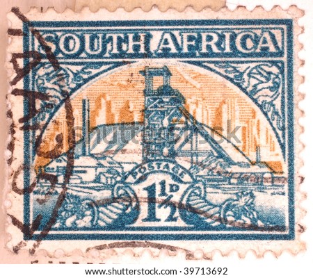 SOUTH AFRICA - CIRCA 1949: A stamp printed in South Africa shows image of a mine, series, circa 1949