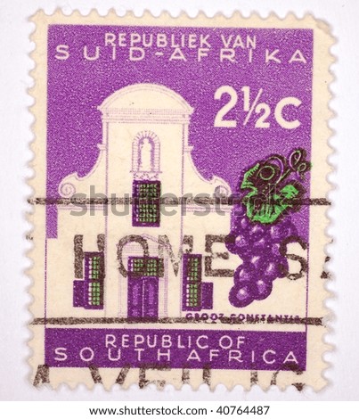 SOUTH AFRICA - CIRCA 1965: A stamp printed in South Africa shows image of a the Groot Constantia wine estate, series, circa 1965