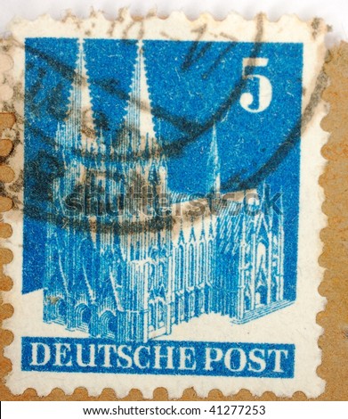 POST-WAR GERMANY - 1946: A stamp printed in Post-War Germany shows image of a cathedral and the number \