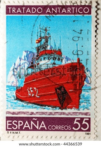 SPAIN - CIRCA 1991: A stamp printed in Spain shows image of an Antarctic ice breaker ship, circa 1991